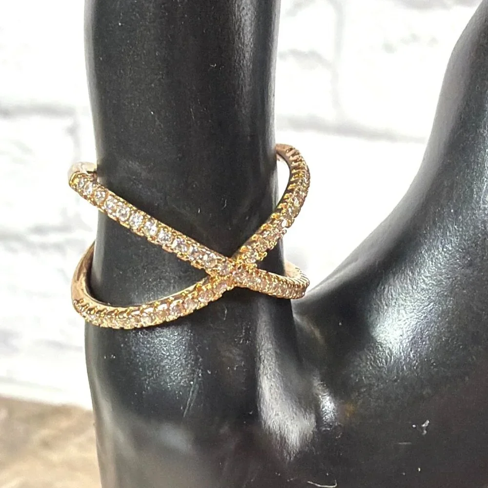 NEW 925 Silver Rose Gold Vermeil Pave CZ Criss Cross Ring Architectural Size 8 - Picture 13 of 16